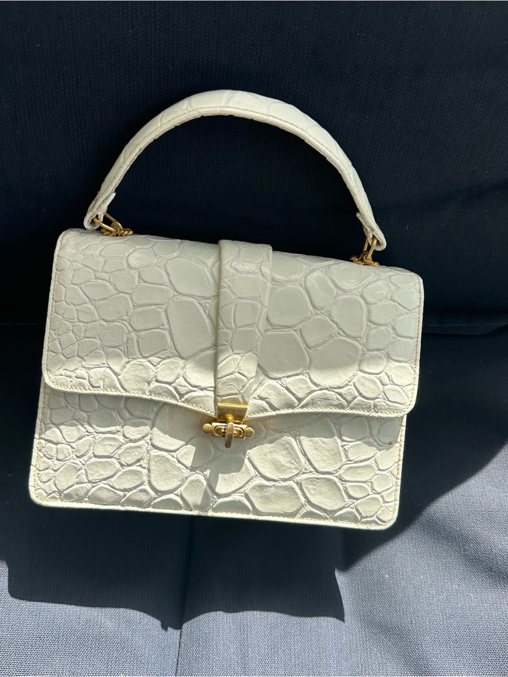 Croc-Embossed Cream Top-Handle Satchel with Gold Hardware